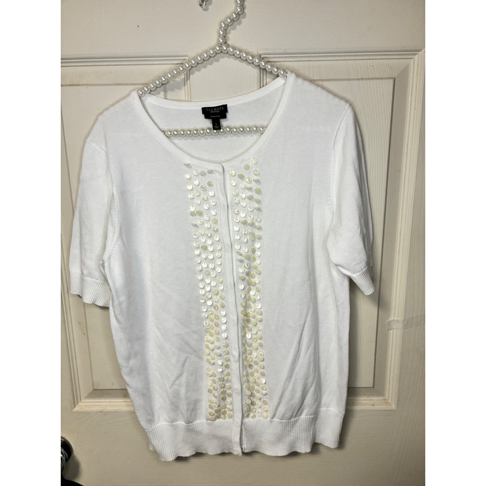 Talbots Cardigan Women Large White Excellent Sequin Embellished Pima Cotton